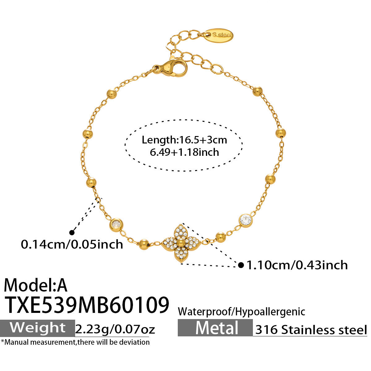 Specification sheet for the geometric flower zircon bracelet highlighting the 316L stainless steel material and weight.