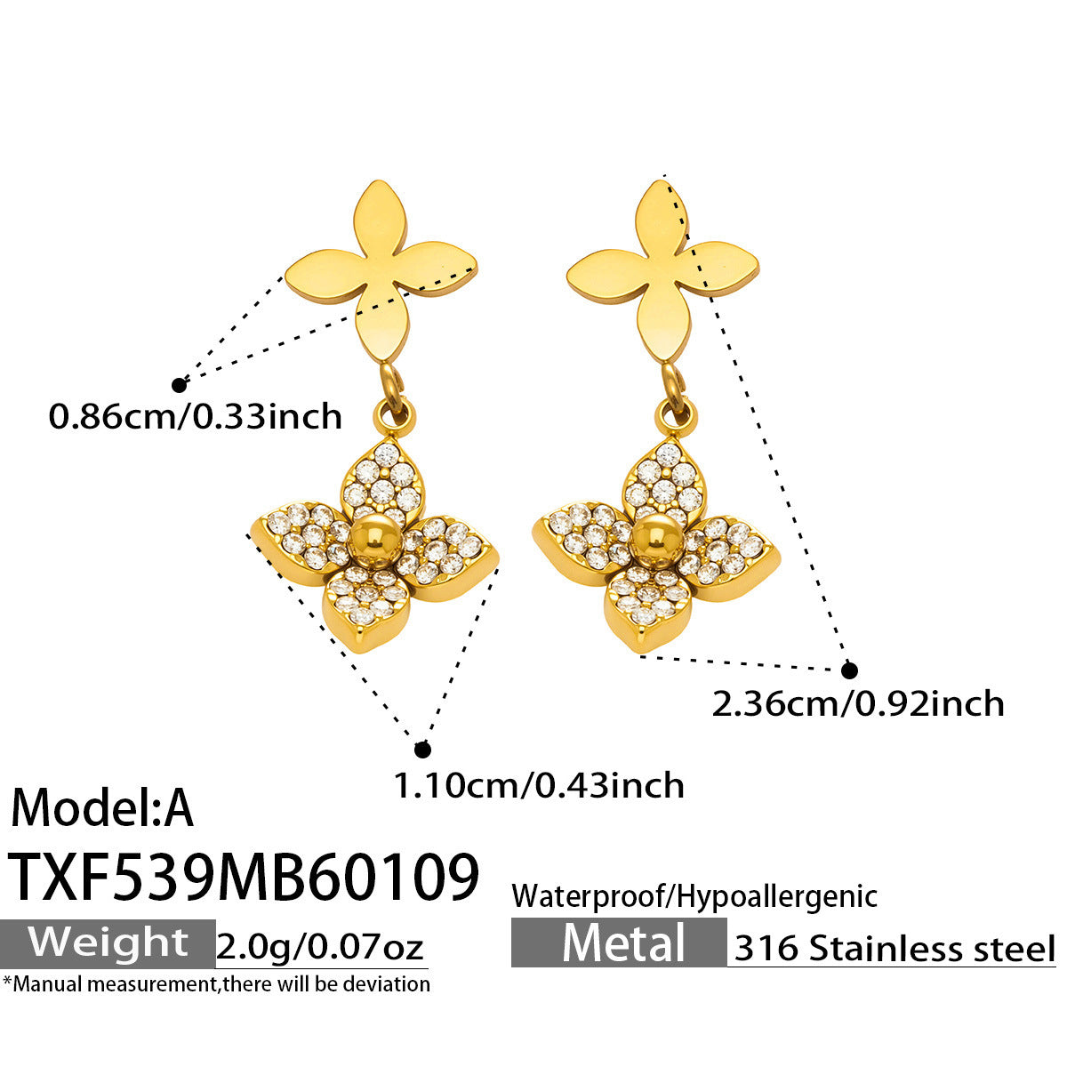 Measurement guide for the small flower zircon stud earrings crafted from skin-safe stainless steel.