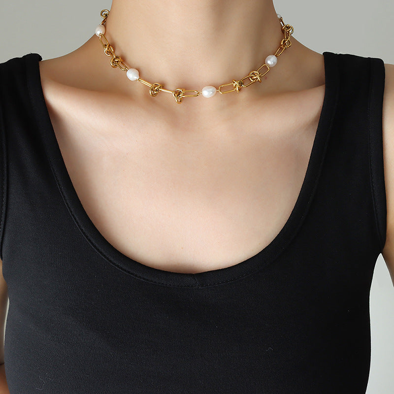 316L Stainless Steel 18K Gold Plated French Vintage Freshwater Pearl Twist Chain Necklace & Bracelet Set - Image 4