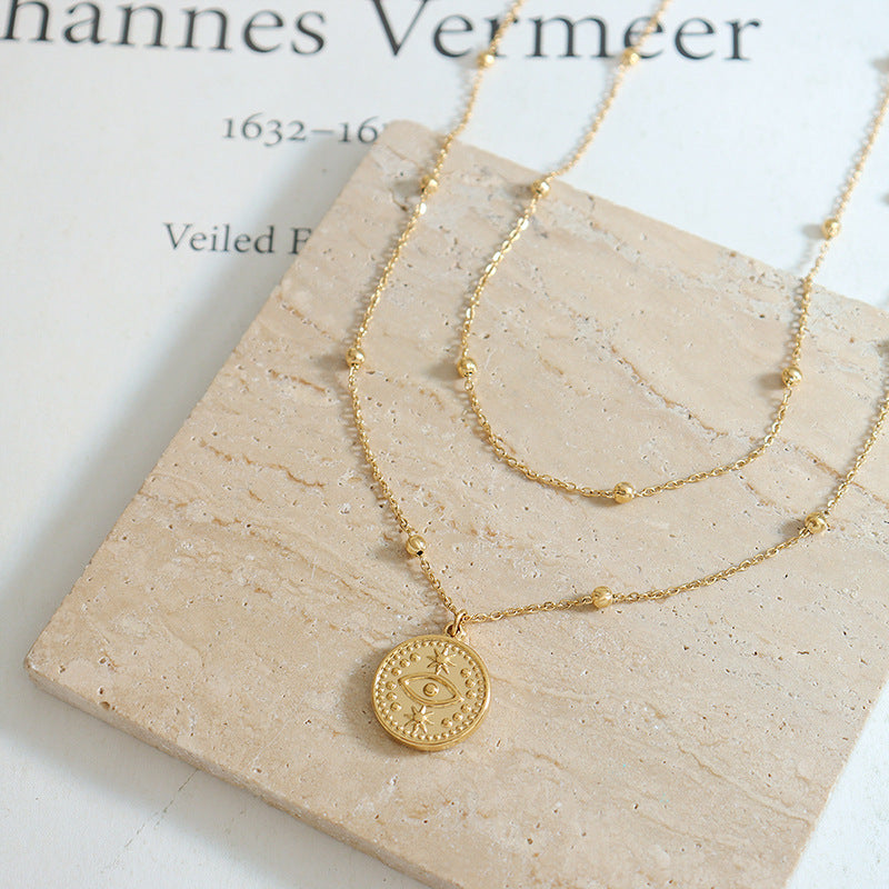 316L Stainless Steel 18K Gold Plated French Vintage Evil Eye Double Layer Necklace - Image 6