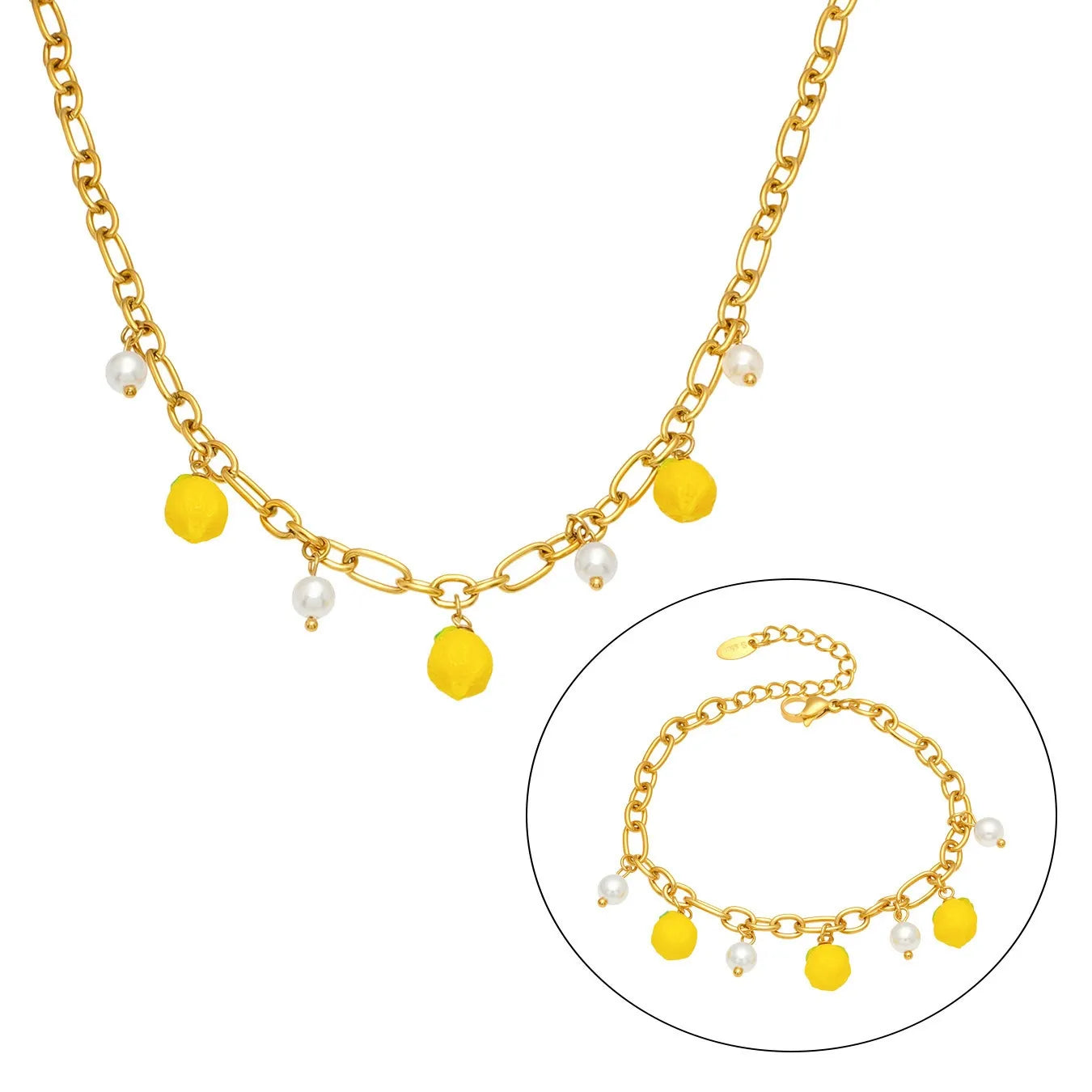 A complete 316L stainless steel jewelry set featuring vibrant lemon charms and white shell pearls on a gold link chain.