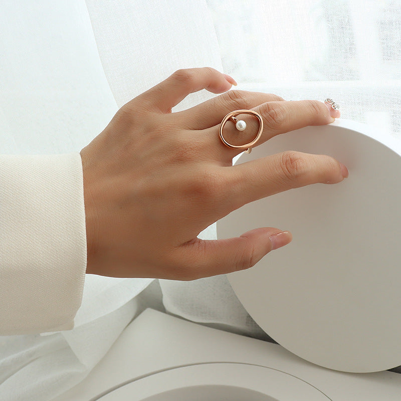 316L Stainless Steel 18K Gold Plated Geometric Faux Pearl Ring - Image 7