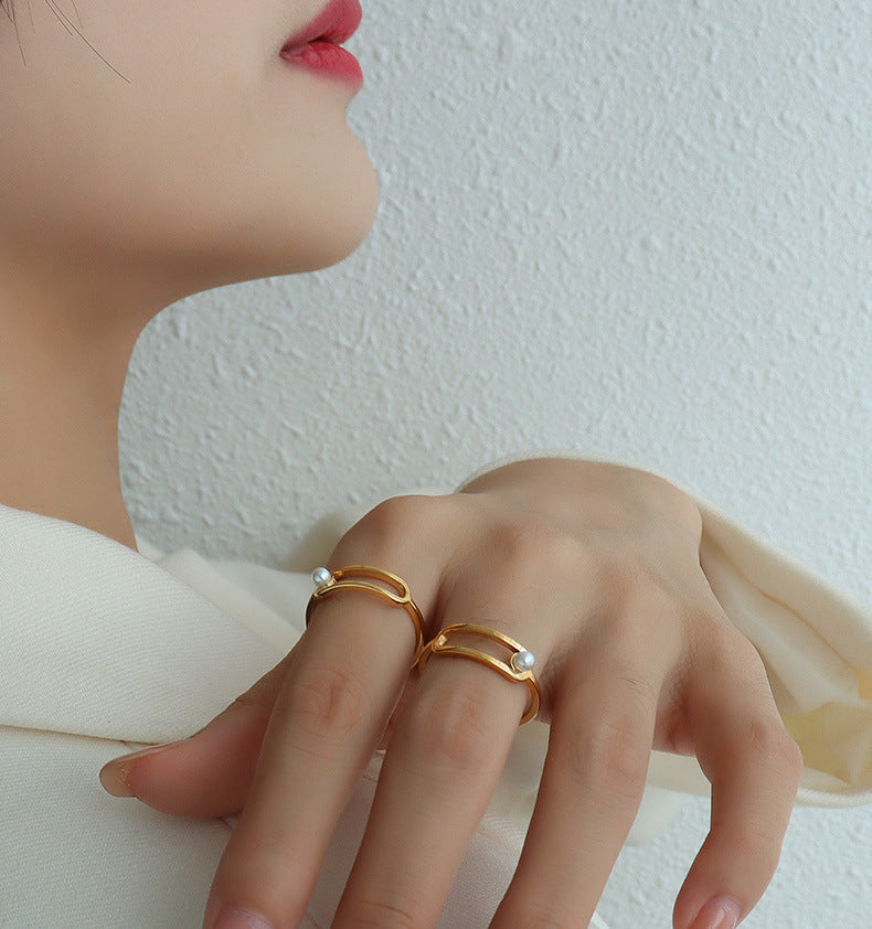 316L Stainless Steel 18K Gold Plated Geometric Paperclip Imitation Pearl Ring - Image 4