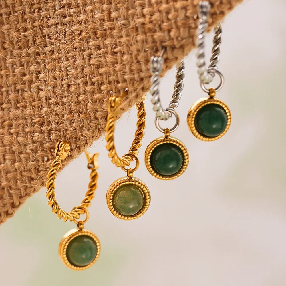 316L Stainless Steel 18K Gold Plated Green Agate Rope Hoop Earrings - Image 1