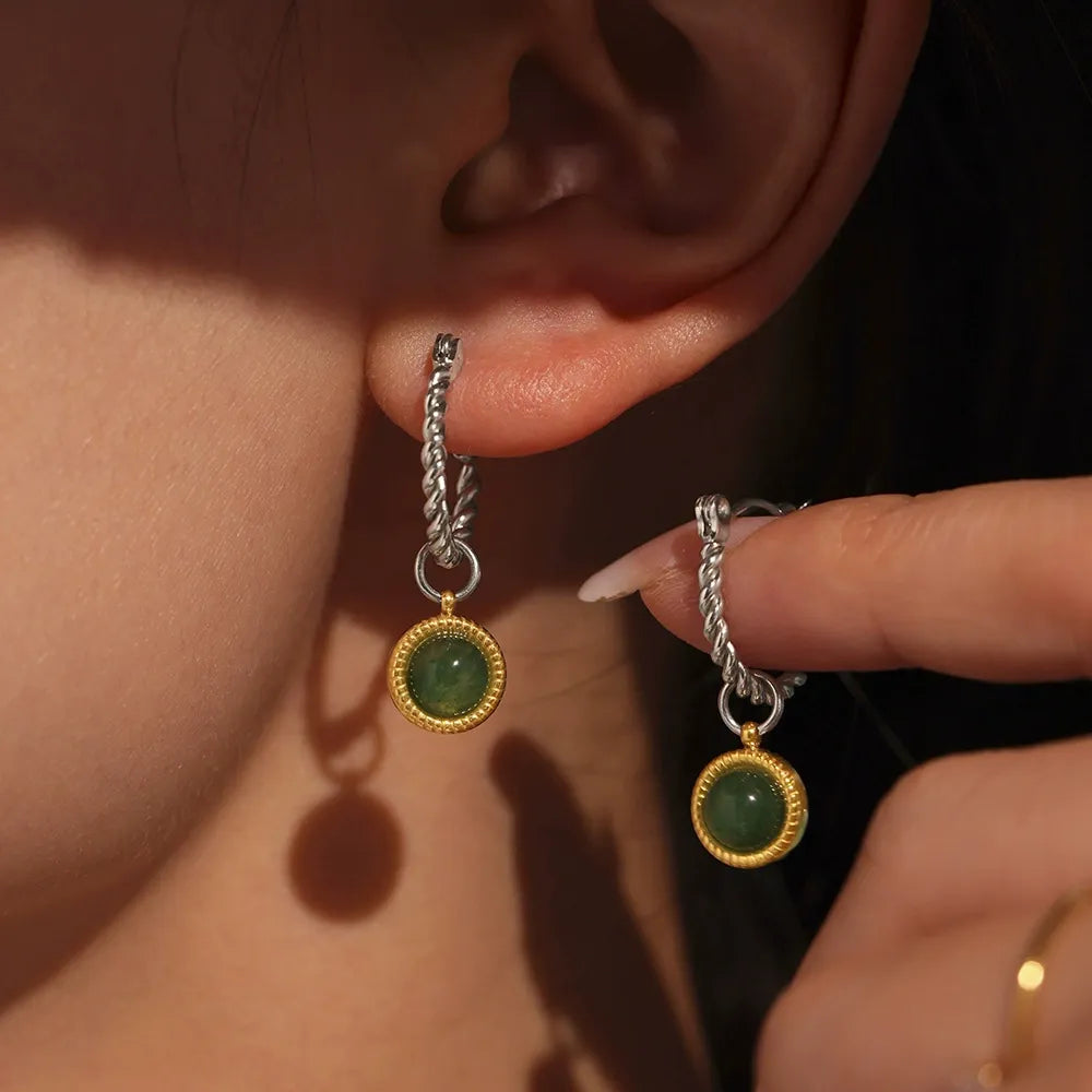 316L Stainless Steel 18K Gold Plated Green Agate Rope Hoop Earrings - Image 3