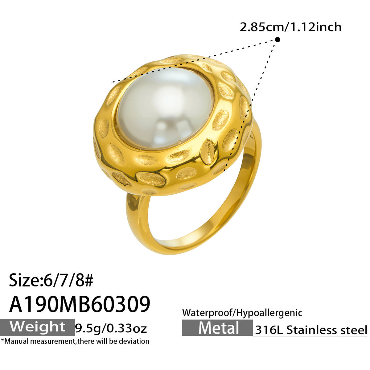 316L Stainless Steel 18K Gold Plated Hammered Shell Pearl Open Ring - Sensitive Skin Friendly - Detail 13