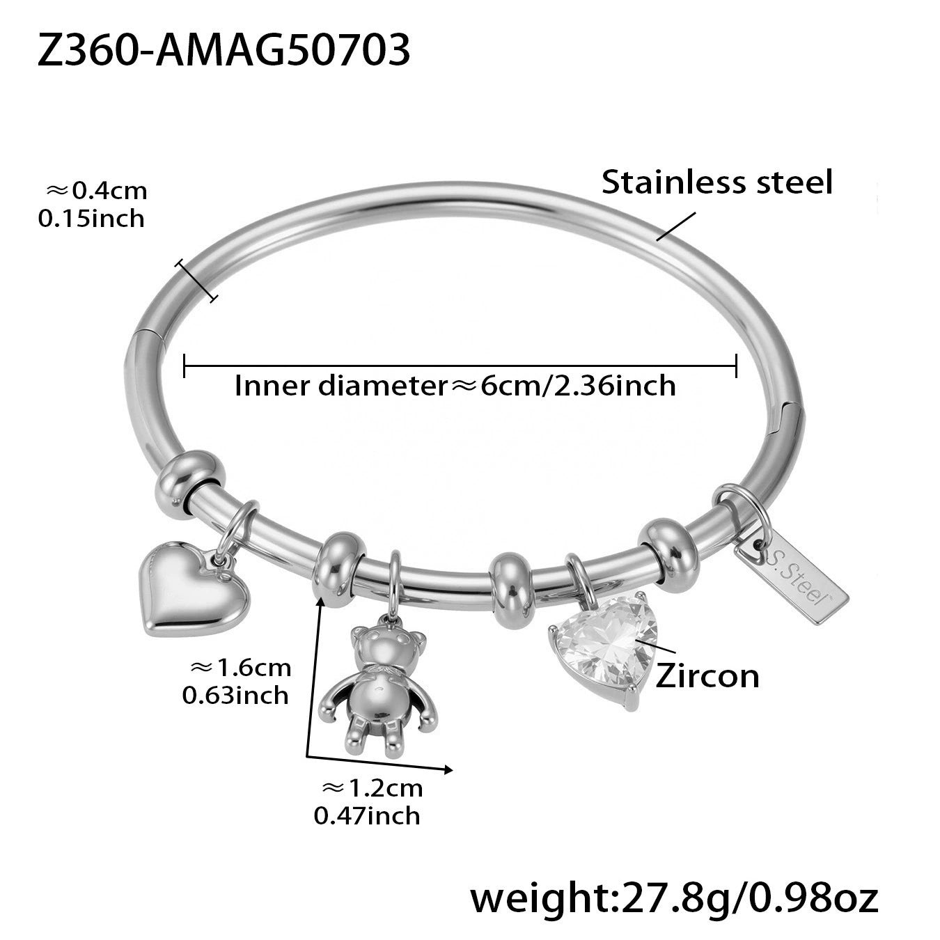 316L Stainless Steel 18K Gold Plated Heart Bear Elephant Charm Bracelet - Image 1