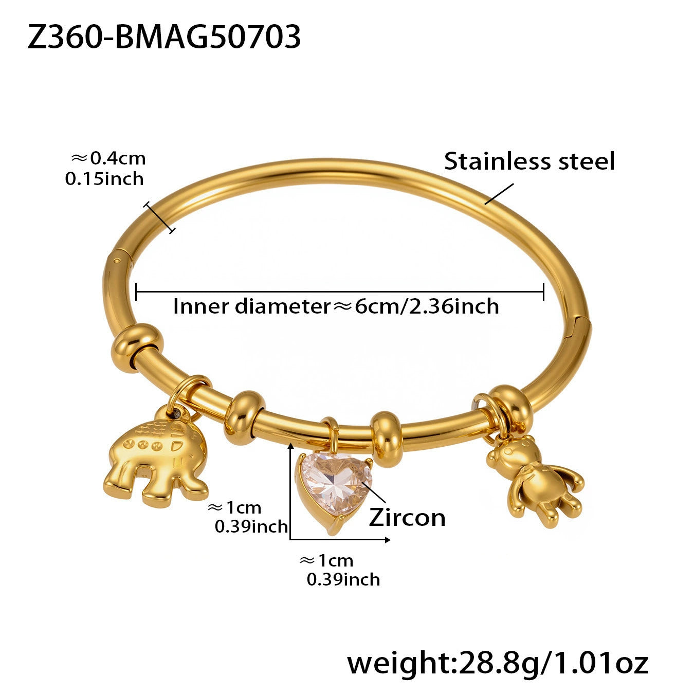 316L Stainless Steel 18K Gold Plated Heart Bear Elephant Charm Bracelet - Image 5