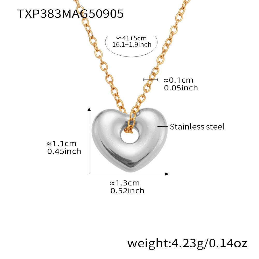 Technical drawing for the silver-tone 316L stainless steel puffed heart necklace with weight and size specifications.