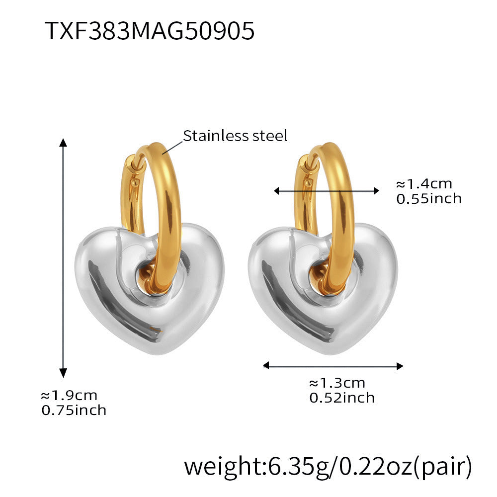 Size and weight details for the two-tone heart hoop earrings featuring a silver hoop and gold heart charm.