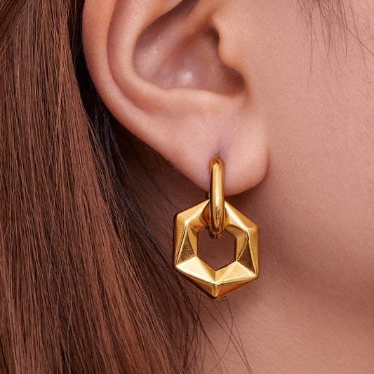 316L Stainless Steel 18K Gold Plated Hollow Hexagon Hoop Earrings - Image 1