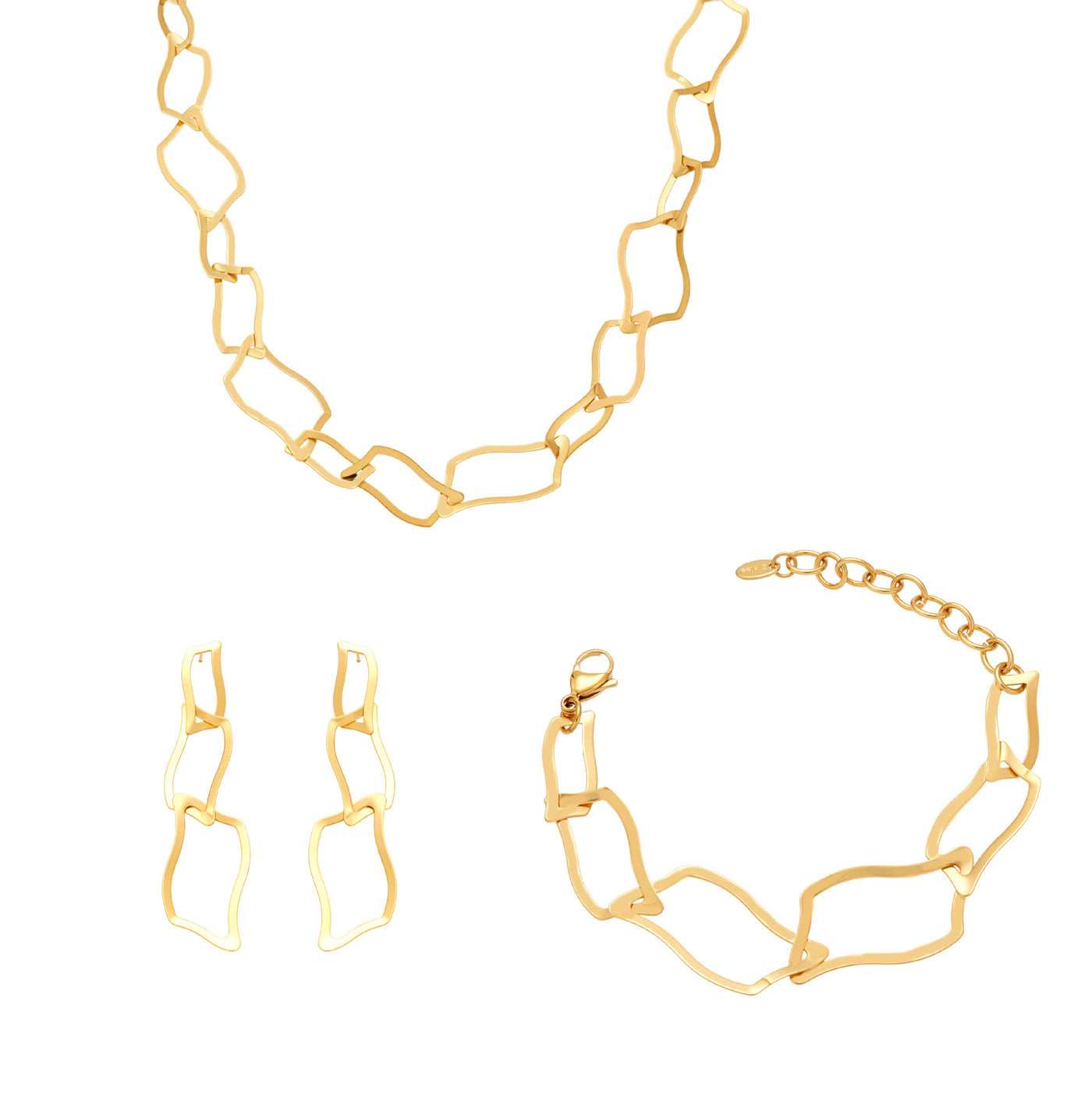 A complete jewelry set made of 316L stainless steel featuring irregular geometric link necklace, bracelet, and matching drop earrings in 18K gold plating.