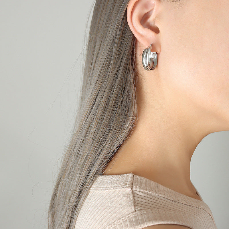 316L Stainless Steel 18K Gold Plated Minimalist Two-Tone U-Shape Drop Earrings - Image 1