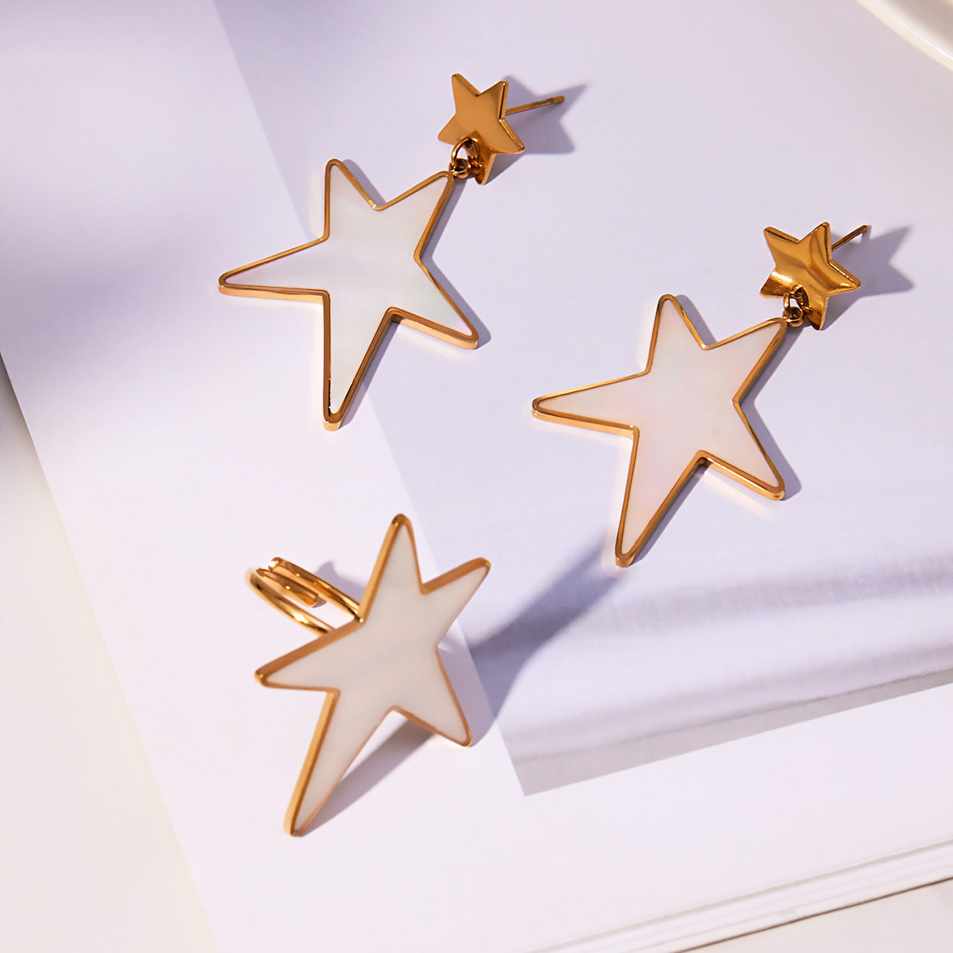316L Stainless Steel 18K Gold Plated Mother-of-Pearl Star Open Ring and Earrings - Image 11
