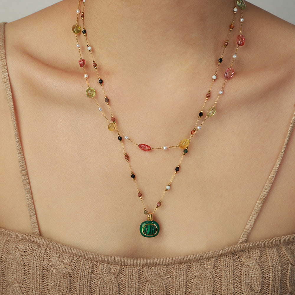 316L Stainless Steel 18K Gold Plated Natural Stone Beaded Pendant Necklace - Image 9