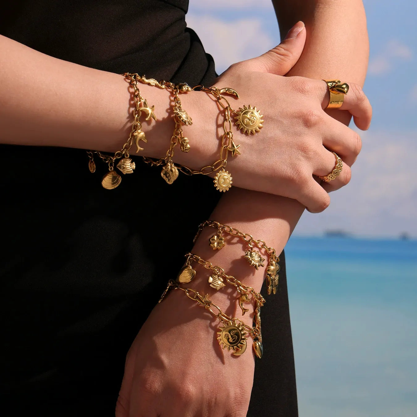 316L Stainless Steel 18K Gold Plated Ocean Charm Bracelet & Pendant Set - Image 4