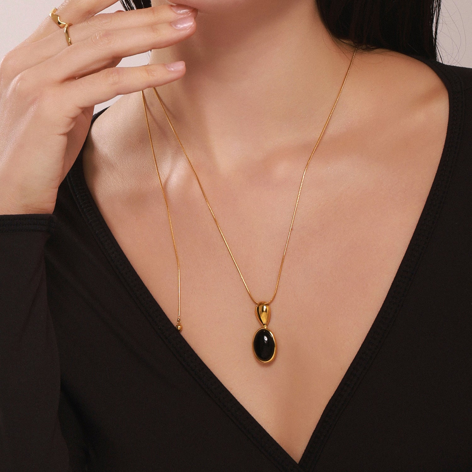 316L Stainless Steel 18K Gold Plated Oval Tiger's Eye Statement Sweater Chain - Image 1