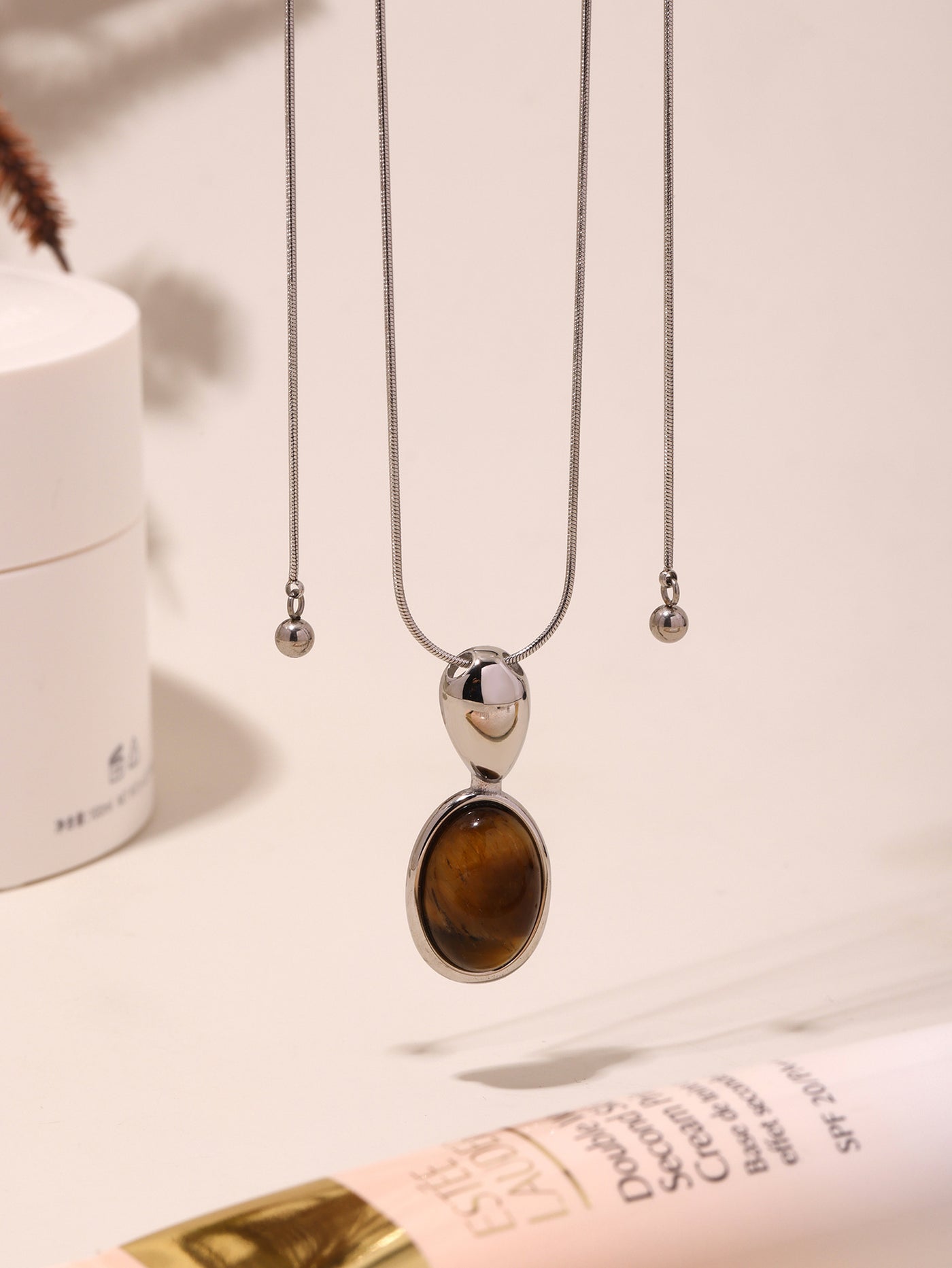 316L Stainless Steel 18K Gold Plated Oval Tiger's Eye Statement Sweater Chain - Image 6