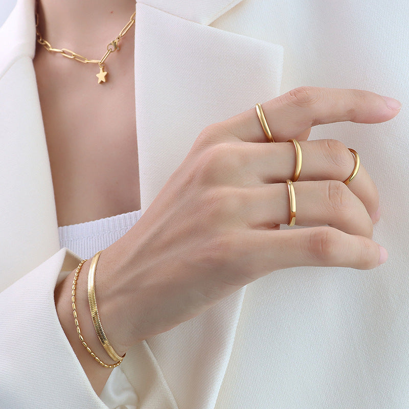 316L stainless steel 18K Gold Plated Polished Band Ring modeled styling view for wholesale ring buyers