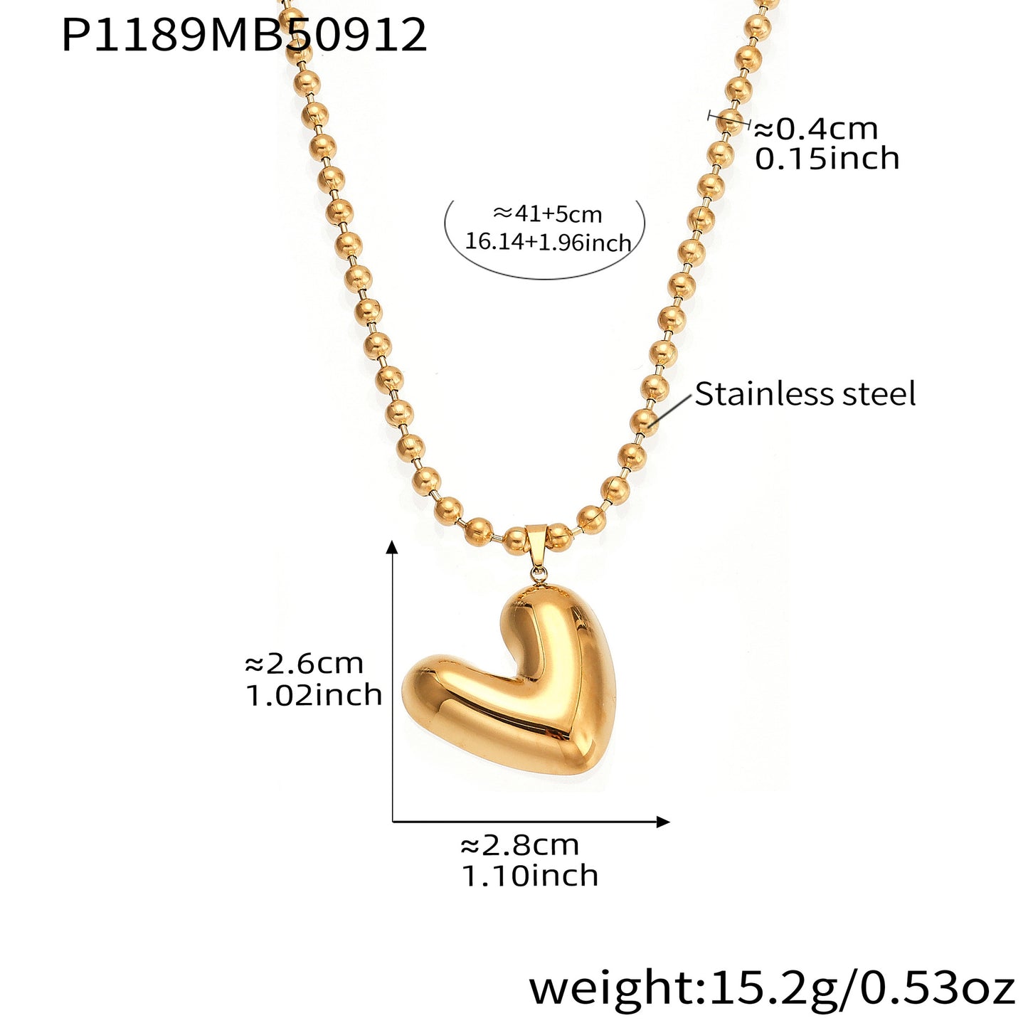 316L Stainless Steel 18K Gold Plated Polished Heart Pendant Bead Chain Necklace - Image 2