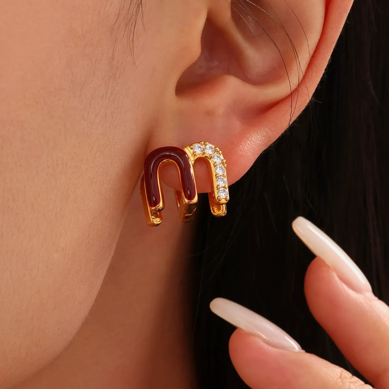 316L Stainless Steel 18K Gold Plated Red Enamel & Zircon Huggie Earrings - Image 3