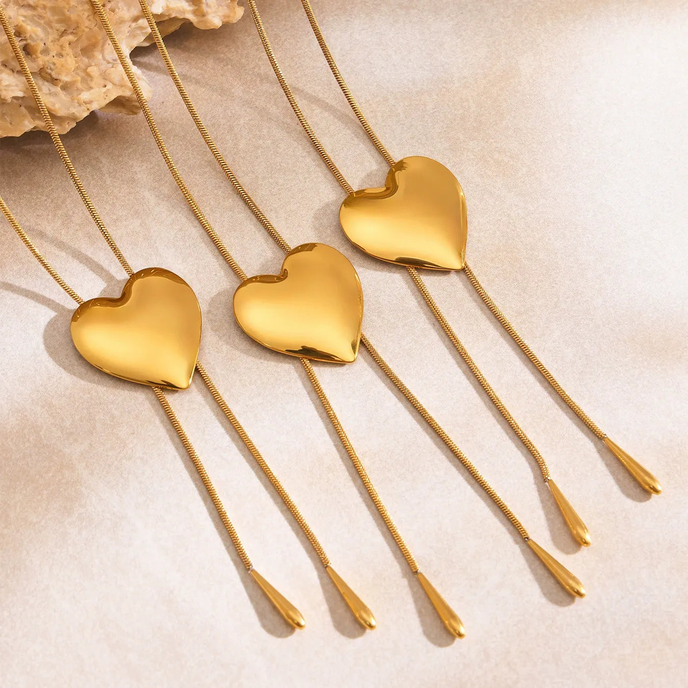 316L Stainless Steel 18K Gold Plated Smooth Heart Adjustable Snake Chain Necklace - Image 2