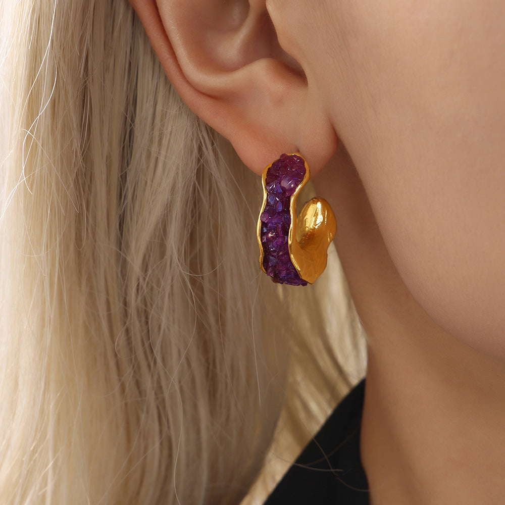 316L Stainless Steel 18K Gold Plated Sparkling Crystal C-Hoop Earrings - Image 1