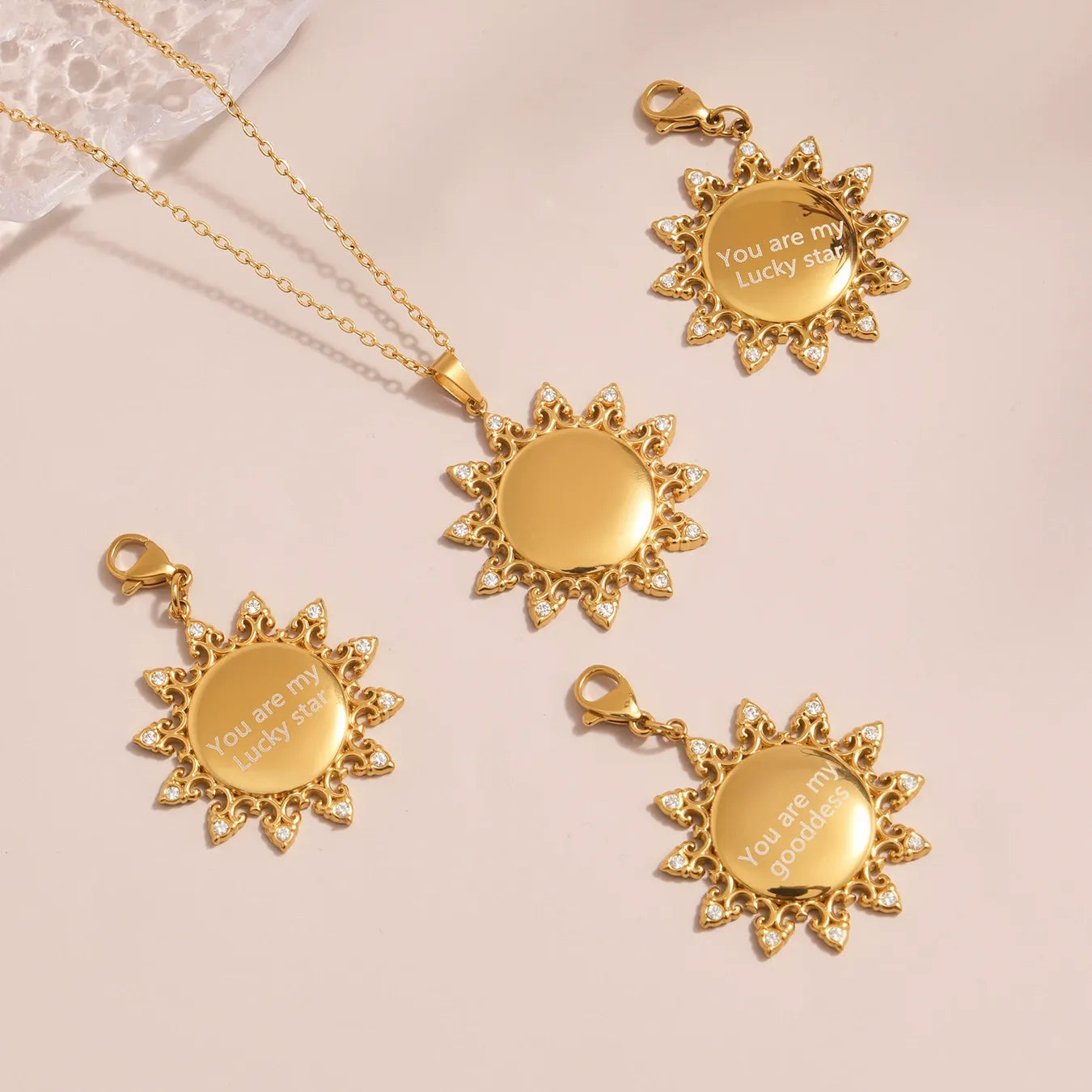 316L Stainless Steel 18K Gold Plated Sparkling Zircon MOM Letter & Sunflower Pendant Necklace - Image 4