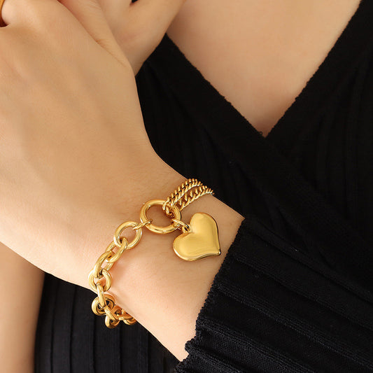 316L Stainless Steel 18K Gold Plated Tarnish-Free Cuban Link Heart Chain Bracelet - Image 1