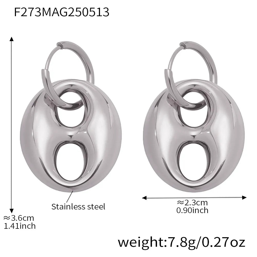 316L Stainless Steel 18K Gold Plated Two-Tone Coffee Bean Link Earrings - Image 6