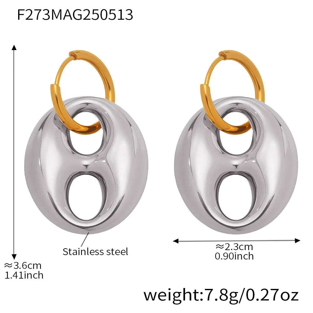 316L Stainless Steel 18K Gold Plated Two-Tone Coffee Bean Link Earrings - Image 7
