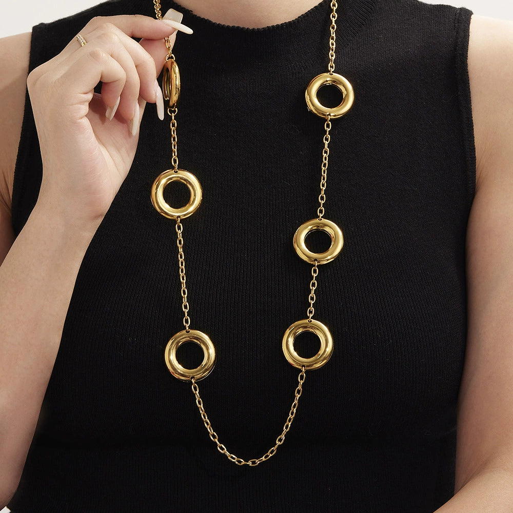 316L Stainless Steel 18K Gold Plated Two-Tone Hollow Round Long Sweater Chain Necklace - Image 8