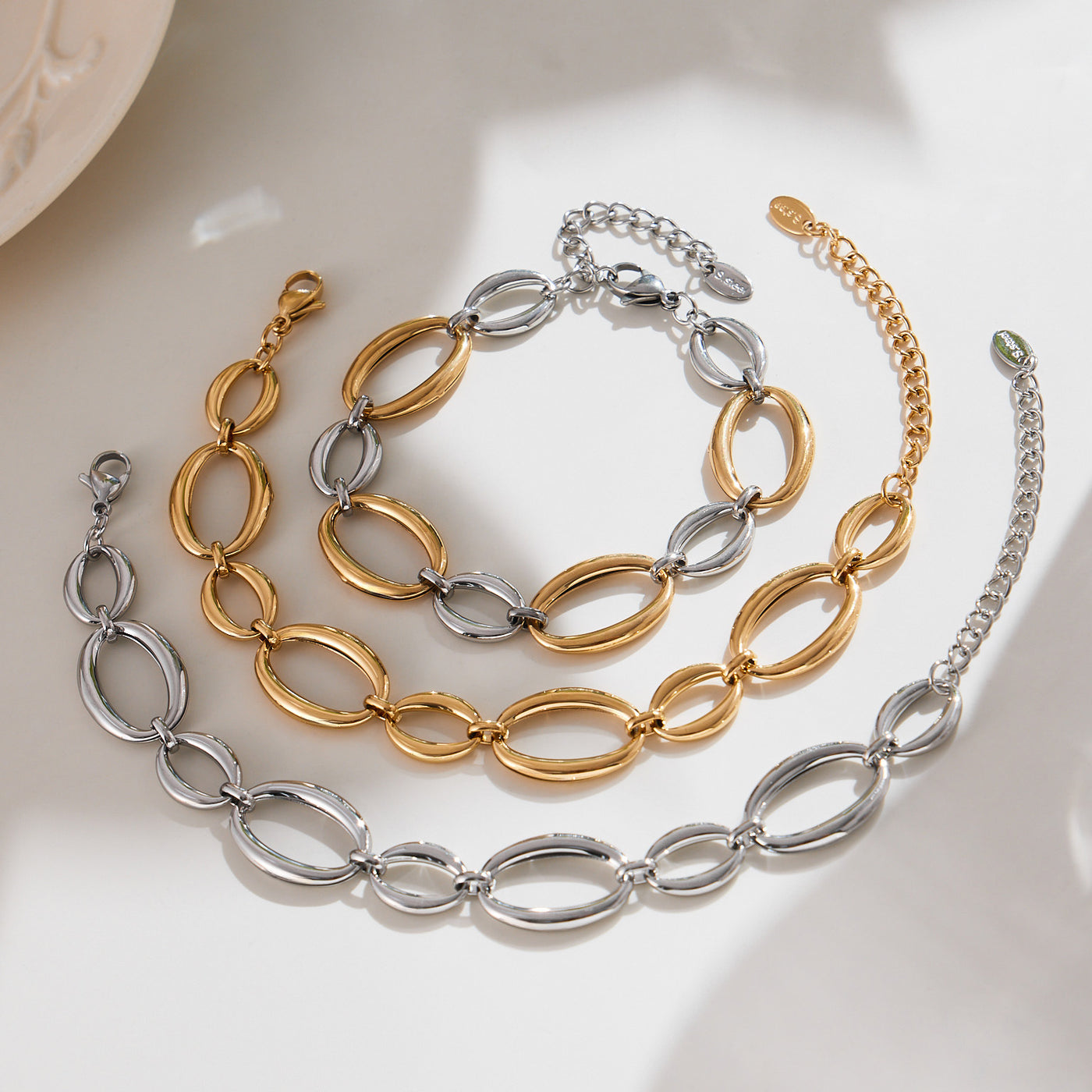 316L Stainless Steel 18K Gold Plated Two-Tone Oval Link Necklace & Bracelet Set - Image 1
