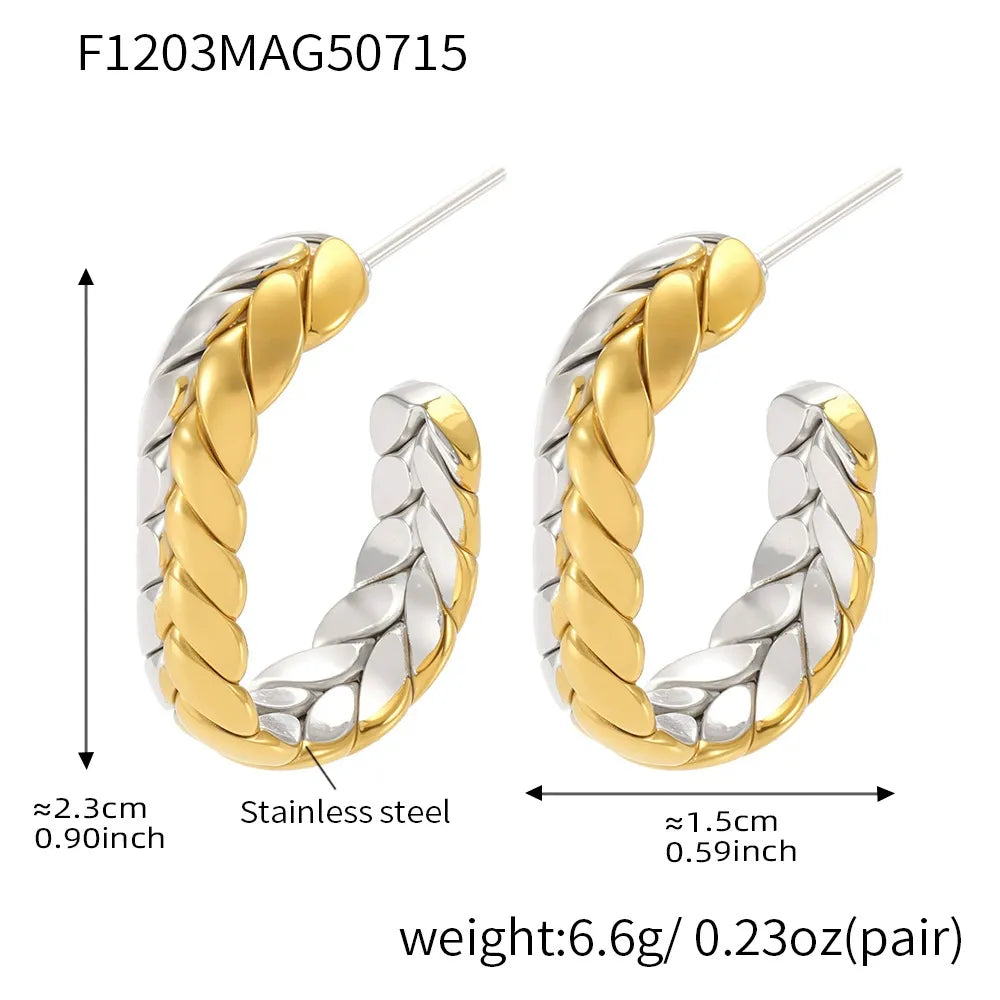 316L Stainless Steel 18K Gold Plated Two-Tone Wheat Spike C-Hoop Earrings - Image 11