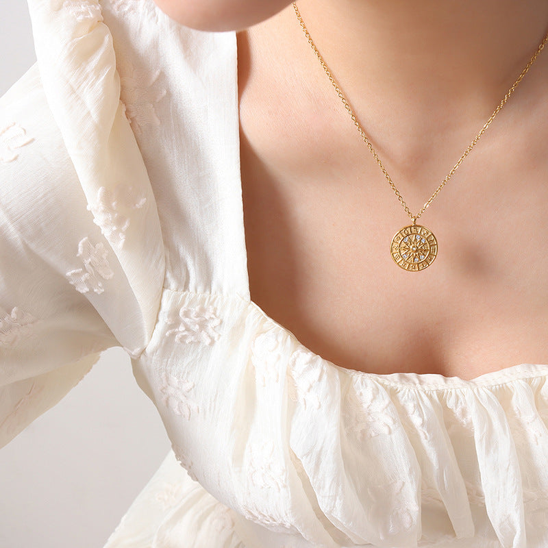 316L Stainless Steel 18K Gold Plated Vintage Embossed Zircon Zodiac Pendant Necklace - Image 3
