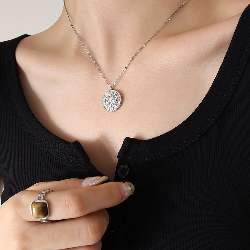 316L Stainless Steel 18K Gold Plated Vintage Embossed Zircon Zodiac Pendant Necklace - Image 8