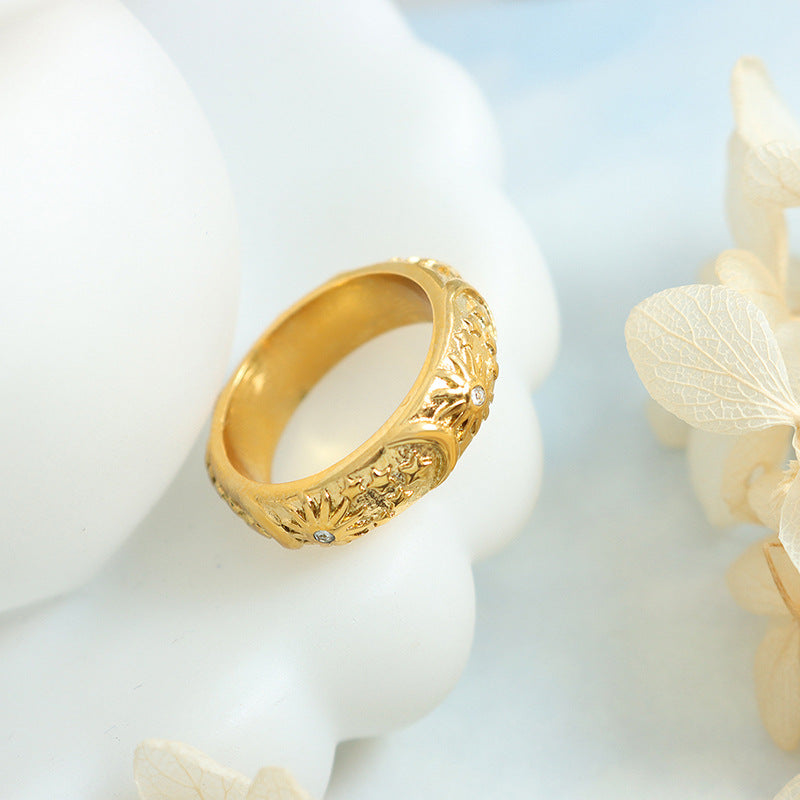 316L Stainless Steel 18K Gold Plated Vintage Palace Style Zircon Sun & Moon Ring - Image 1