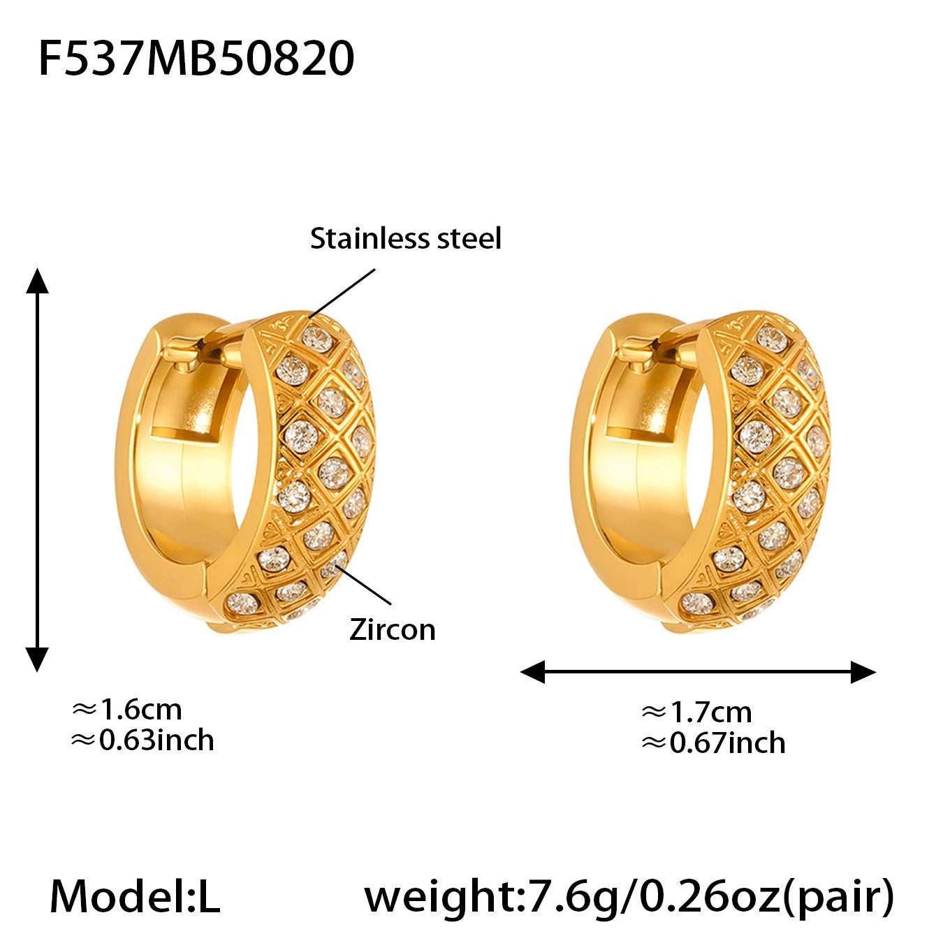316L Stainless Steel 18K Gold Plated Zircon Inlaid Quilted Round Huggie Hoop Earrings - Image 7