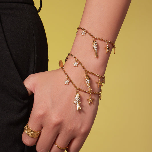 316L Stainless Steel 18K Gold Plated Zircon Koi Fish Star Heart Necklace & Bracelet Set - Image 6