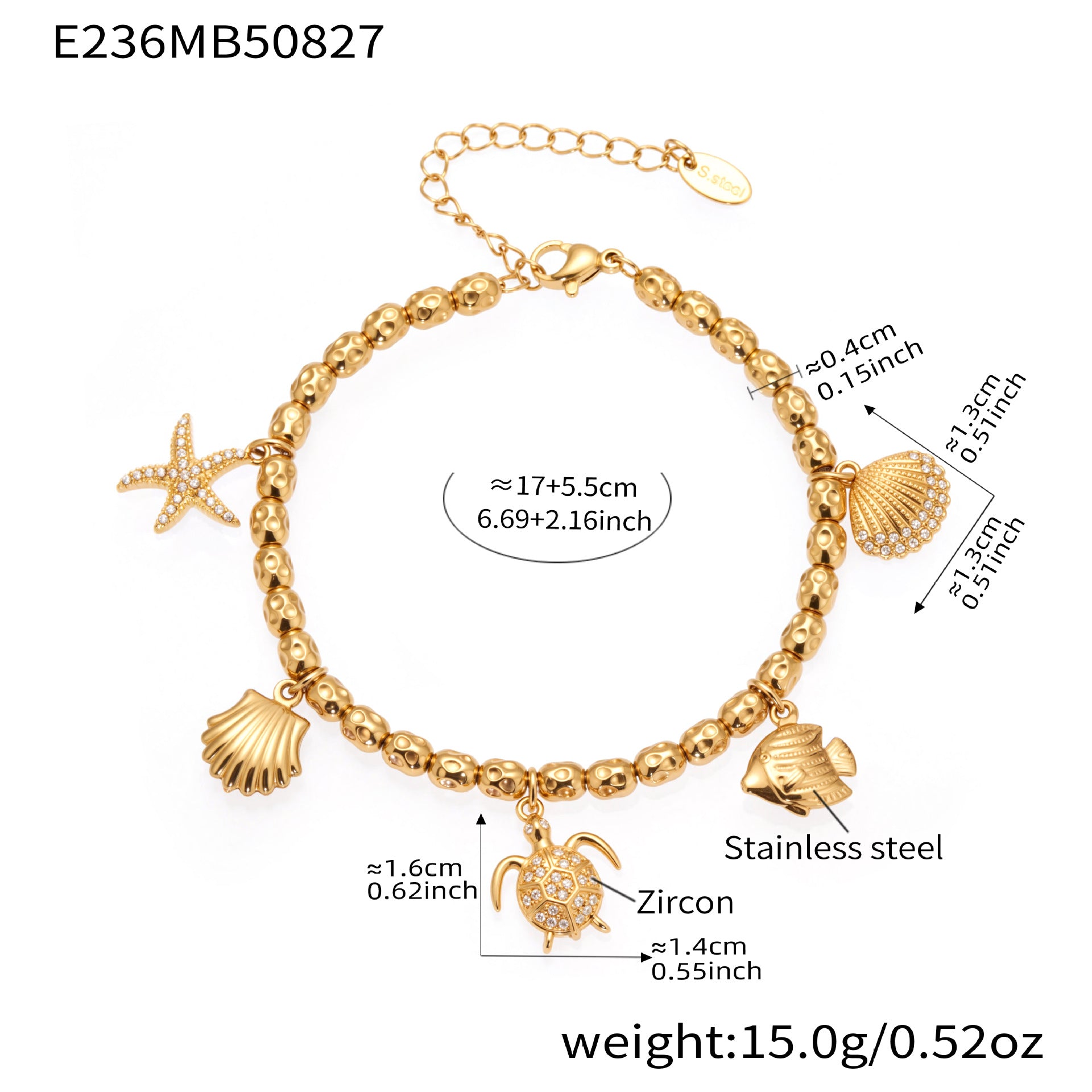316L Stainless Steel 18K Gold Plated Zircon Mermaid Tail & Starfish Charm Beaded Bracelet - Image 3