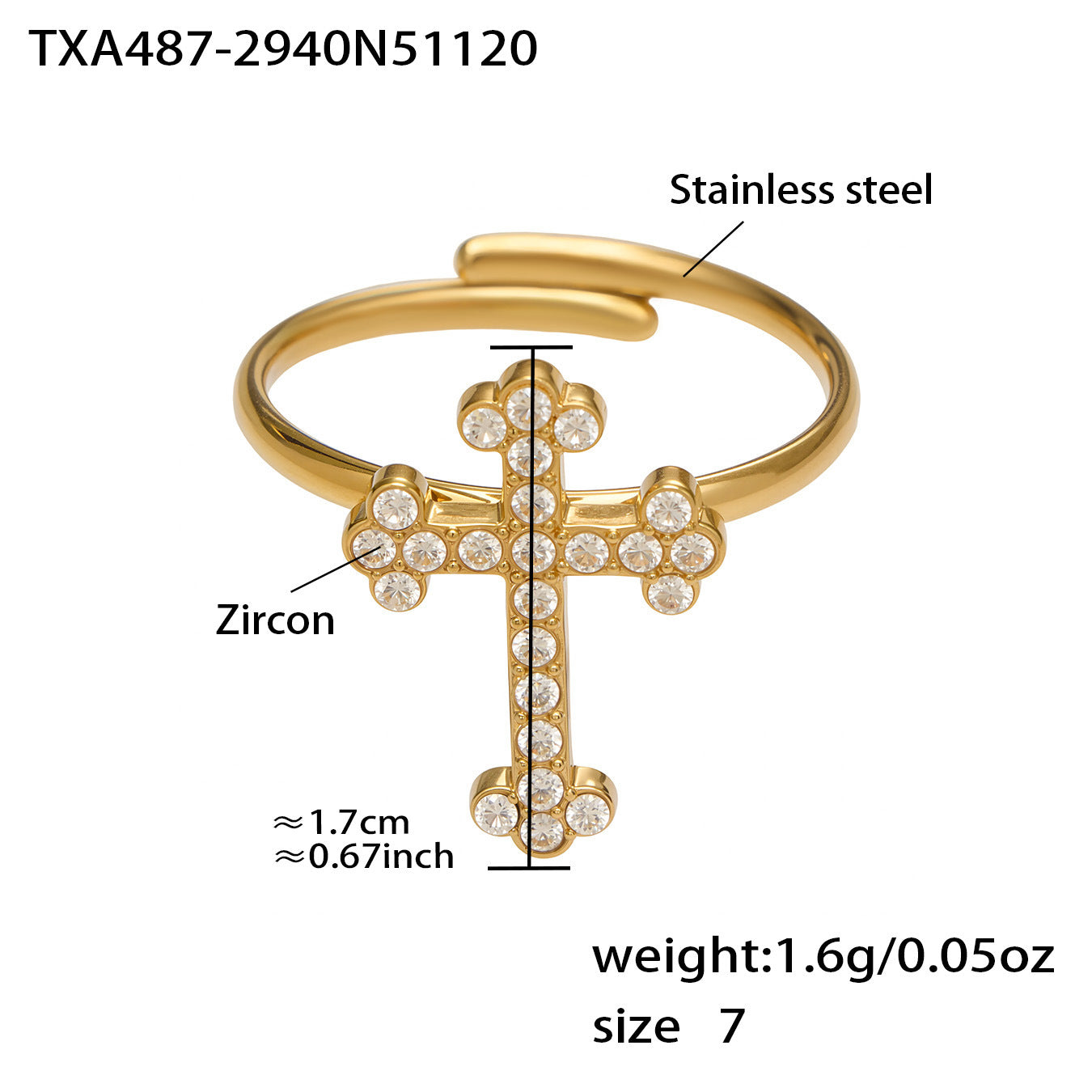 Technical drawing of the 316L stainless steel cross ring with 5A zirconia, illustrating the adjustable design for wholesale buyers.