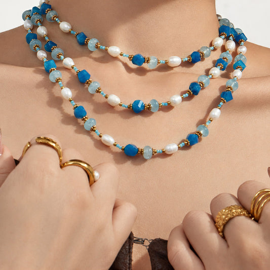 316L Stainless Steel 18K Gold PVD Aquamarine Pearl Necklace - Aquamarine Pearl Necklace Wholesale Stainless Steel Jewelry - Sensitive Skin Friendly - Detail 14