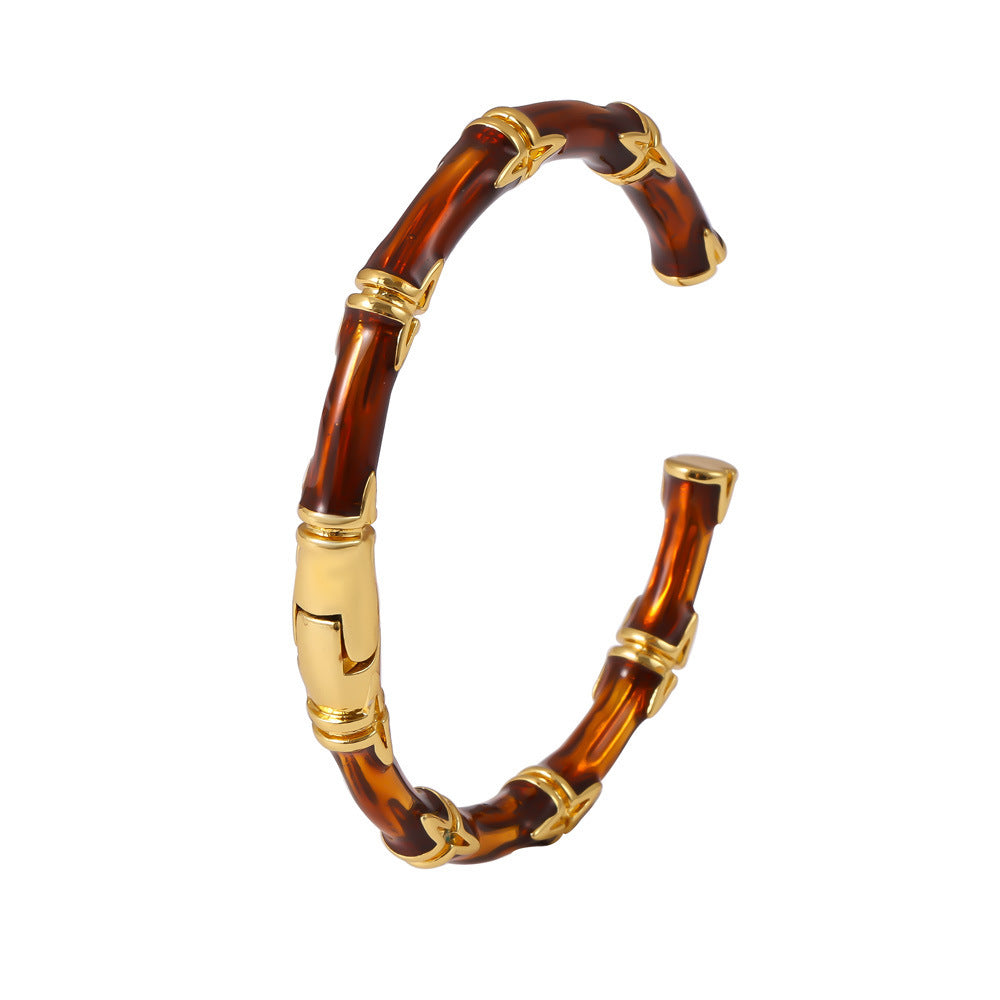 316L Stainless Steel 18K Gold PVD Bamboo Knot Hand-Painted Enamel Open Bangle - Bamboo Knot, Hand-Painted Enamel, Tea Brown, Open Bangle, Gold Wholesale Stainless Steel Jewelry - Sensitive Skin Friendly - Detail 2