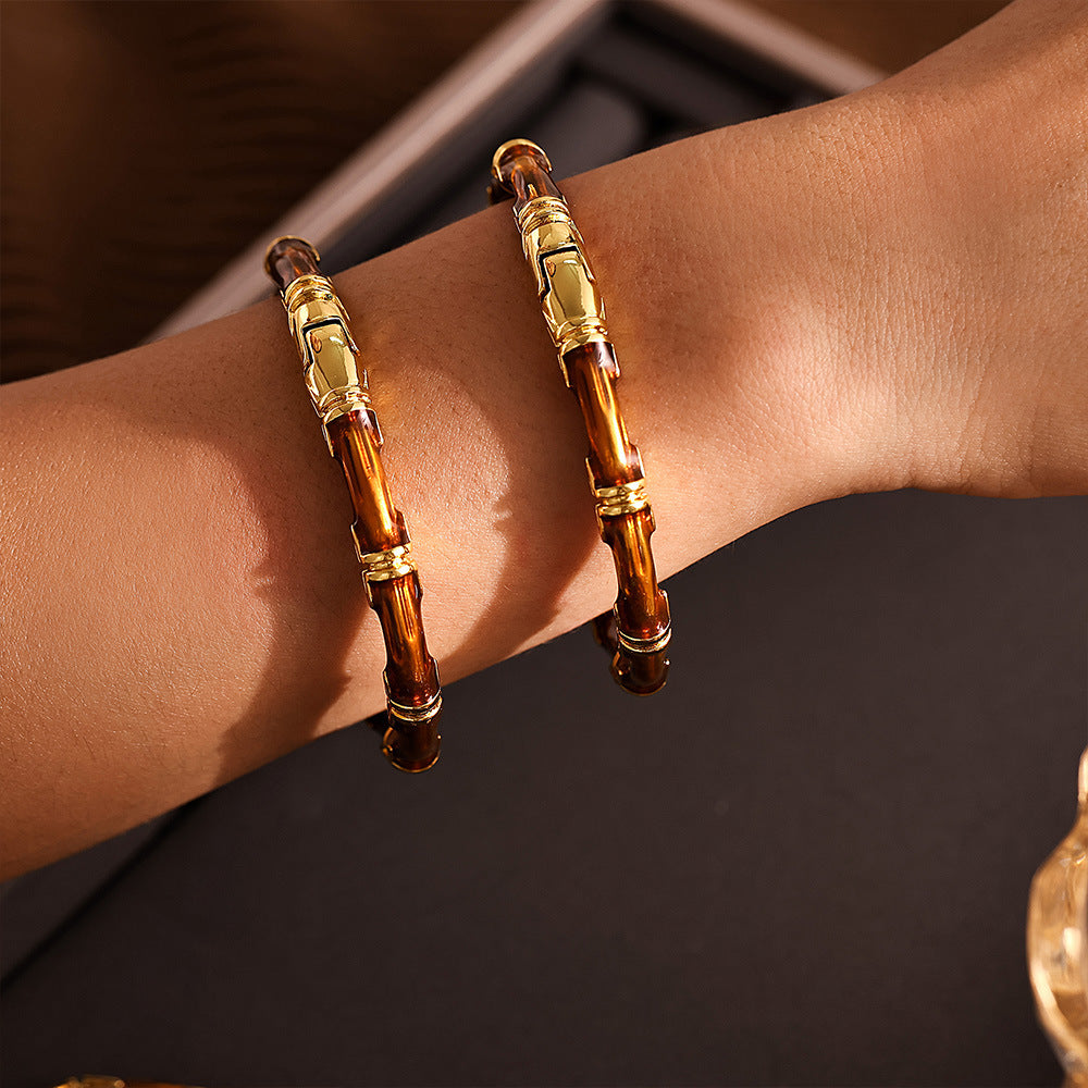 316L Stainless Steel 18K Gold PVD Bamboo Knot Hand-Painted Enamel Open Bangle - Bamboo Knot, Hand-Painted Enamel, Tea Brown, Open Bangle, Gold Wholesale Stainless Steel Jewelry - Sensitive Skin Friendly - Detail 3