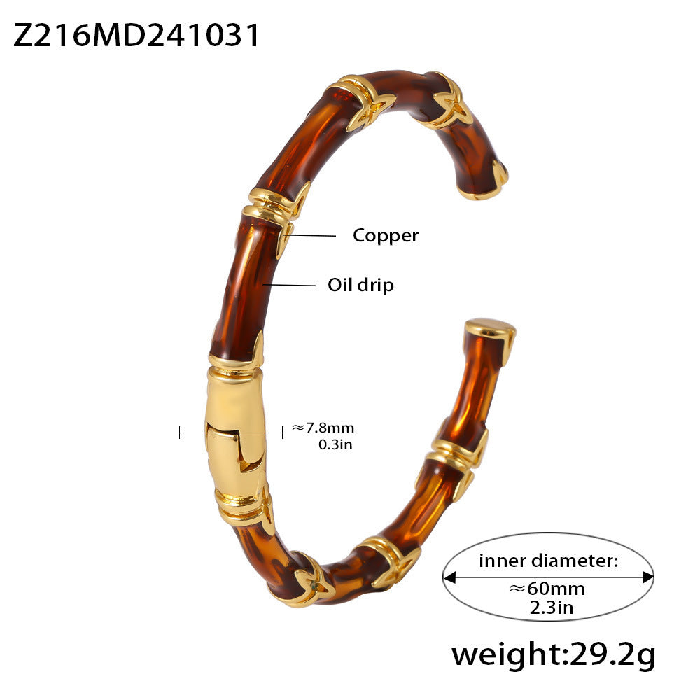 316L Stainless Steel 18K Gold PVD Bamboo Knot Hand-Painted Enamel Open Bangle - Bamboo Knot, Hand-Painted Enamel, Tea Brown, Open Bangle, Gold Wholesale Stainless Steel Jewelry - Sensitive Skin Friendly - Detail 5