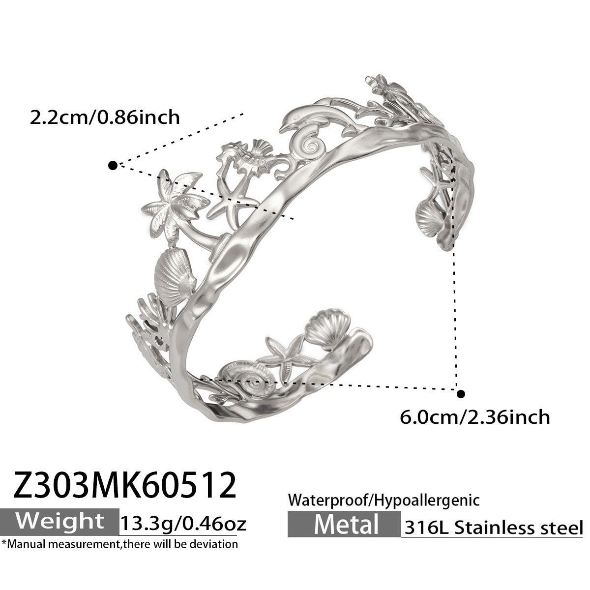 316L Stainless Steel 18K Gold PVD Beach Ocean Palm Tree Shell Open Bangle - Beach Ocean Palm Tree Shell Open Bangle Wholesale Stainless Steel Jewelry - Sensitive Skin Friendly - Detail 1
