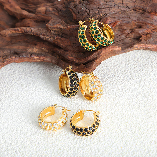 316L Stainless Steel 18K Gold PVD C-Shaped Pave Zircon Earrings - C-Shaped Earrings Multi-Color Zircon Pave Statement Gold Wholesale Stainless Steel Jewelry - Sensitive Skin Friendly - Detail 1