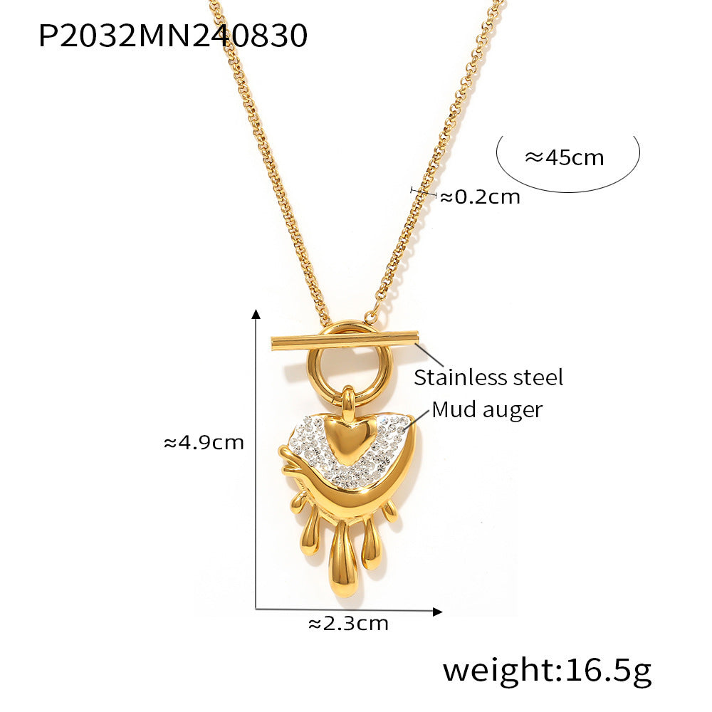 316L Stainless Steel 18K Gold PVD Chic Melting Heart Rhinestone Toggle Necklace - Chic Melting Heart Rhinestone Pendant Toggle Clasp Wholesale Stainless Steel Jewelry - Sensitive Skin Friendly - Detail 5