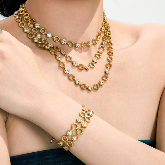 316L Stainless Steel 18K Gold PVD Claw Set Zircon Round Link Chain Jewelry Set - Claw Set Zircon, Round Link Chain, Delicate Gold, Elegant, Modern Wholesale Stainless Steel Jewelry - Sensitive Skin Friendly - Detail 1