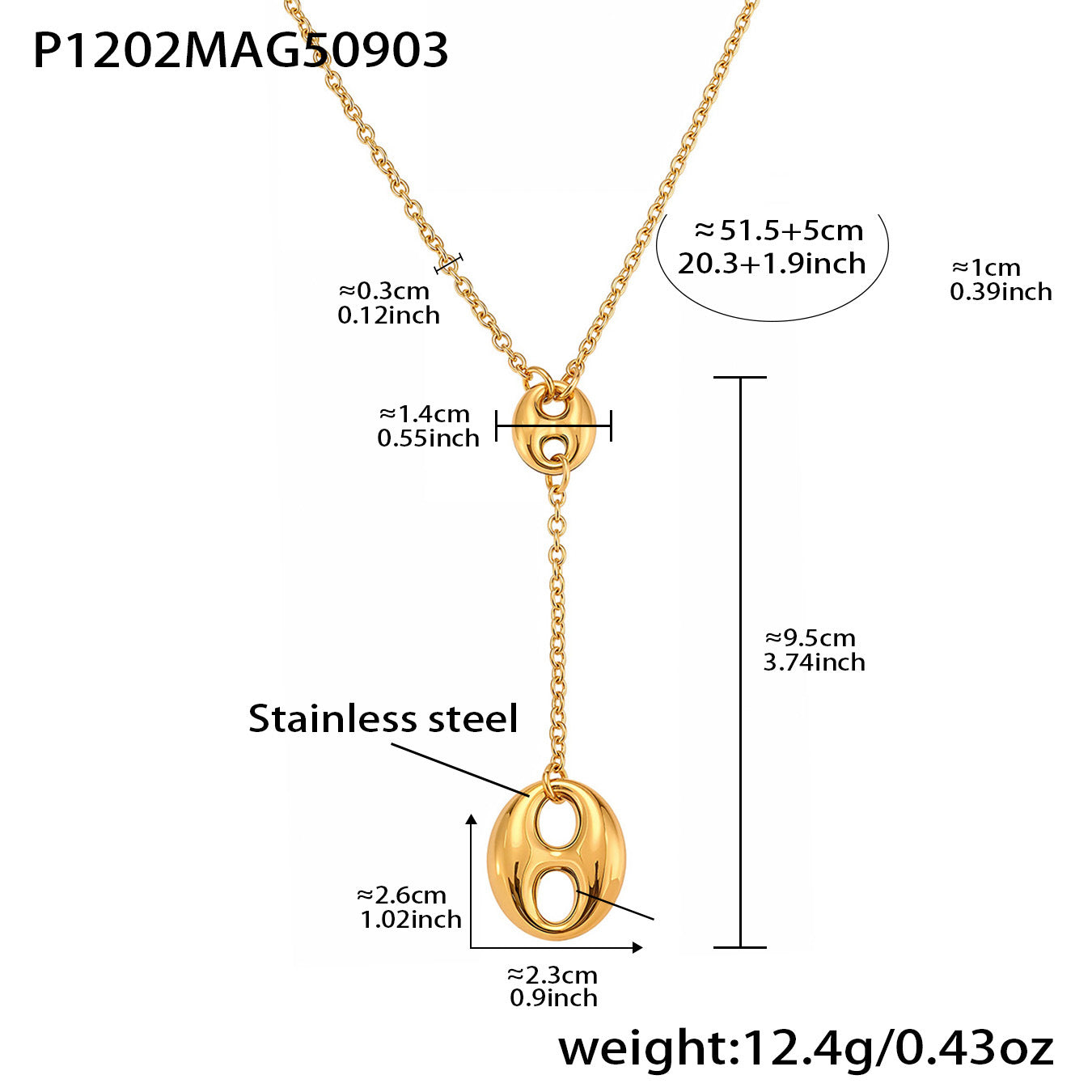 316L Stainless Steel 18K Gold PVD Coffee Bean Y-Tassel Layering Necklace - Coffee Bean, Y-Tassel, Layering Necklace, Stainless Steel, Gold Plated, Lariat Wholesale Stainless Steel Jewelry - Sensitive Skin Friendly - Detail 14